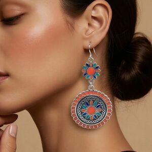 Southwest Sunflower Mandala Dangle Earrings Coral Boho Western Festival Jewelry